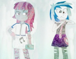 Size: 1015x787 | Tagged: safe, artist:hakdurbin, dj pon-3, mystery mint, vinyl scratch, equestria girls, g4, background human, traditional art