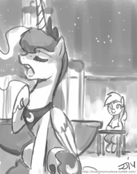 Size: 709x900 | Tagged: safe, artist:johnjoseco, derpy hooves, princess luna, pegasus, pony, g4, eyes closed, female, grayscale, mare, monochrome, open mouth, raised hoof, sketch