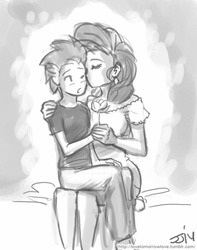 Size: 709x900 | Tagged: safe, artist:johnjoseco, rarity, spike, human, g4, eyes closed, female, grayscale, humanized, kissing, male, monochrome, ship:sparity, shipping, sketch, straight