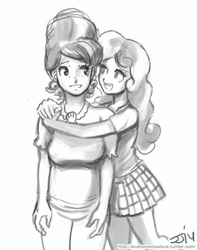 Size: 709x900 | Tagged: safe, artist:johnjoseco, cookie crumbles, sweetie belle, human, g4, clothes, female, grayscale, hug, humanized, monochrome, mother and child, mother and daughter, sketch, skirt