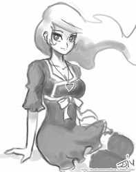 Size: 709x900 | Tagged: safe, artist:johnjoseco, princess celestia, human, g4, bakemonogatari, clothes, dress, female, grayscale, humanized, looking at you, monochrome, sketch, solo