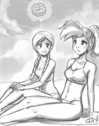 Size: 709x900 | Tagged: safe, artist:johnjoseco, allie way, fair way, human, g4, beach, bikini, braid, clothes, grayscale, helix fossil, humanized, monochrome, swimsuit, twin braids