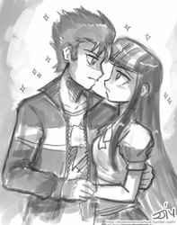 Size: 709x900 | Tagged: safe, artist:johnjoseco, flash sentry, twilight sparkle, human, equestria girls, g4, female, grayscale, humanized, male, monochrome, puns in the comments, ship:flashlight, shipping, sparkles, straight