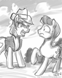 Size: 709x900 | Tagged: safe, artist:johnjoseco, braeburn, caramel, earth pony, pony, g4, duo, frown, grayscale, male, monochrome, open mouth, open smile, raised hoof, smiling, stallion, sweat, sweatdrop