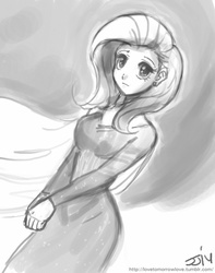 Size: 709x900 | Tagged: safe, artist:johnjoseco, fluttershy, human, g4, clothes, dress, elsa, female, frozen (movie), grayscale, humanized, monochrome, solo