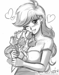 Size: 709x900 | Tagged: safe, artist:johnjoseco, applejack, human, g4, clothes, earring, female, flower, grayscale, heart, humanized, looking at you, monochrome, open mouth, piercing, solo, wink