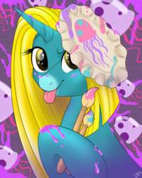Size: 1024x1280 | Tagged: safe, artist:dragonfoxgirl, oc, oc only, oc:jelly painter, jellyfish, pony, paper plate, solo