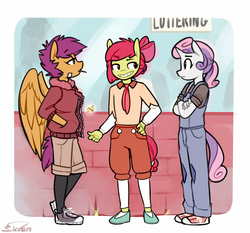 Size: 900x837 | Tagged: safe, artist:siden, apple bloom, scootaloo, sweetie belle, oc, oc only, oc:apple spritzer, oc:marble, oc:plume, anthro, ultimare universe, g4, alternate universe, clothes, converse, cutie mark crusaders, manehattan city mavericks, shoes, trio