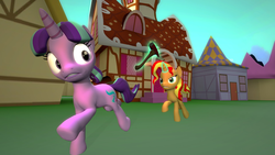 Size: 1600x900 | Tagged: safe, artist:oudieth, starlight glimmer, sunset shimmer, pony, unicorn, g4, 3d, angry, axe, gmod, ponyville, running