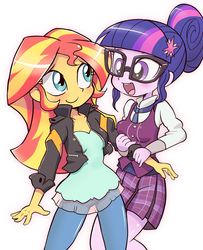 Size: 973x1200 | Tagged: dead source, safe, artist:k-nattoh, sci-twi, sunset shimmer, twilight sparkle, equestria girls, g4, blushing, clothes, cover, crystal prep academy uniform, cute, duo, eye contact, female, glasses, lesbian, open mouth, school uniform, shimmerbetes, ship:sci-twishimmer, ship:sunsetsparkle, shipping, simple background, skirt, smiling, twiabetes, white background