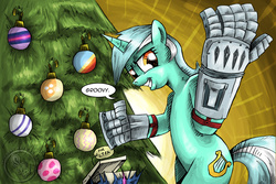 Size: 1500x1000 | Tagged: safe, artist:saturdaymorningproj, lyra heartstrings, pony, g4, army of darkness, ash williams, bionic arm, christmas, christmas tree, enhance, evil dead, female, groovy, hand, hearth's warming eve, lyra's humans, mechanical hands, reference, solo, that pony sure does love hands, tree