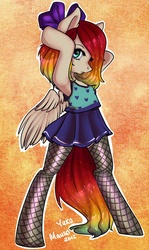 Size: 1219x2048 | Tagged: safe, artist:yukomaussi, oc, oc only, pegasus, pony, semi-anthro, arm hooves, armpits, bipedal, bow, clothes, fishnet stockings, hair bow, solo
