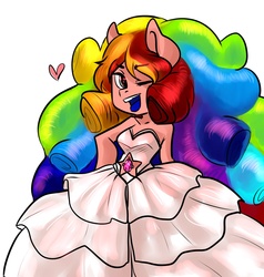 Size: 1905x2000 | Tagged: safe, artist:yukomaussi, oc, oc only, oc:rainbow time, pegasus, anthro, big hair, clothes, crossover, dress, female, gem, heart, mare, quartz, rainbow hair, rose quartz (gemstone), rose quartz (steven universe), solo, steven universe, wink