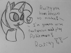 Size: 1280x956 | Tagged: safe, artist:poorlydrawnpony, rarity, g4, female, me irl, offscreen character, procrastination, solo, traditional art