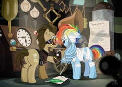 Size: 1176x840 | Tagged: safe, artist:dsana, doctor whooves, rainbow dash, time turner, earth pony, pegasus, pony, g4, the cutie re-mark, alternate timeline, amputee, apocalypse dash, bandage, butt, clipboard, clothes, crystal war timeline, eyepatch, female, goggles, injured, laboratory, machine, male, mare, one winged pegasus, plot, prosthetic limb, quill, stallion, steampunk, vest