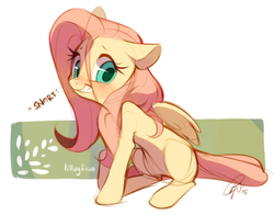 Size: 669x524 | Tagged: safe, artist:lillayfran, fluttershy, pegasus, pony, g4, adorkable, belly, blushing, cute, doodle, dork, female, floppy ears, grin, gritted teeth, horse noises, horses doing horse things, looking at you, mare, missing cutie mark, nervous, pastel, shyabetes, signature, sitting, smiling, snorting, solo, teeth