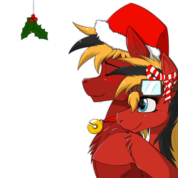 Size: 1000x1000 | Tagged: safe, artist:twotail813, oc, oc only, oc:gear, oc:twotail, pegasus, pony, rcf community, bell, blushing, brother and sister, female, hat, holly, holly mistaken for mistletoe, hug, male, santa hat, shipping, siblings