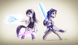 Size: 1349x776 | Tagged: safe, artist:magfen, oc, oc:kicia, oc:magpie, pony, bipedal, crossover, force lightning, jedi, lightsaber, star wars, traditional art, weapon