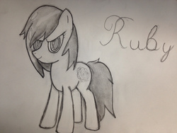 Size: 1280x960 | Tagged: safe, artist:mranthony2, pony, evil smile, looking at you, monochrome, ponified, ruby rose, rwby, solo, traditional art