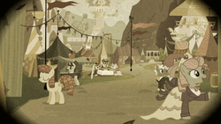 Size: 1366x768 | Tagged: safe, screencap, brindle young, candy twirl, cinnabelle, eliza, pokey pierce, princess celestia, rosewood brooke, top notch, earth pony, pony, unicorn, family appreciation day, g4, background pony, canterlot, chariot, female, flashback, male, mare, stallion