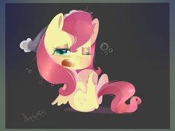 Size: 1600x1200 | Tagged: safe, artist:angelstar063, fluttershy, g4, dishevelled, female, hat, looking at you, messy mane, nightcap, sleepy, solo, underhoof, waking up, yawn