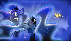 Size: 1375x800 | Tagged: safe, artist:bow2yourwaifu, princess luna, butterfly, g4, female, gritted teeth, running, scared, solo, wingless