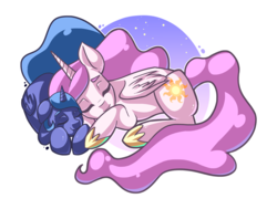 Size: 8080x6104 | Tagged: safe, artist:pitchyy, princess celestia, princess luna, g4, absurd resolution, eyes closed, filly, prone, simple background, snuggling, transparent background, woona