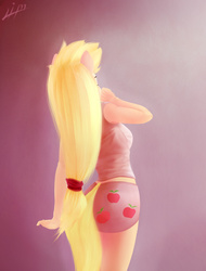 Size: 1800x2366 | Tagged: safe, artist:limchph2, applejack, earth pony, anthro, g4, clothes, eyes closed, female, from behind, morning ponies, panties, solo, stretching, tank top, underwear