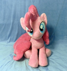 Size: 1396x1488 | Tagged: safe, artist:qtpony, pinkie pie, g4, cute, diapinkes, head tilt, irl, life size, looking at you, photo, pinkie pie plushie, plushie, sitting, solo