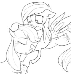 Size: 766x798 | Tagged: safe, artist:p0n1es, applejack, rainbow dash, g4, crying, friendshipping, hug, lineart, monochrome, ship:appledash, shipping