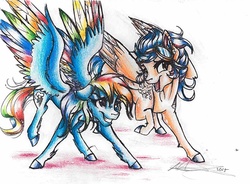 Size: 1024x753 | Tagged: safe, artist:alexacana, indigo zap, rainbow dash, equestria girls, g4, my little pony equestria girls: friendship games, equestria girls ponified, ponified, race, traditional art