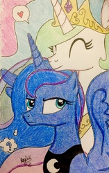 Size: 1924x3061 | Tagged: safe, artist:darkest-lunar-flower, derpibooru exclusive, princess celestia, princess luna, g4, heart, luna is not amused, royal sisters, traditional art