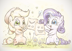 Size: 1440x1018 | Tagged: safe, artist:assasinmonkey, part of a set, applejack, rarity, g4, apples & gems calendar, chibi, cute, frown, frown upside down, paper, smiling