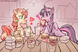Size: 669x453 | Tagged: safe, artist:php93, sunset shimmer, twilight sparkle, alicorn, pony, unicorn, g4, burger, date, eating, female, food, french fries, hay burger, hay fries, heart, lesbian, mare, question mark, ship:sunsetsparkle, shipping, that pony sure does love burgers, this will end in weight gain, twilight burgkle, twilight sparkle (alicorn)