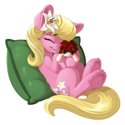 Size: 1356x1356 | Tagged: safe, artist:pusspuss, lily, lily valley, earth pony, pony, g4, cuddling, eyes closed, fanfic art, female, flower, flower in hair, mare, pillow, plushie, simple background, smiling, snuggling, solo, underhoof, white background