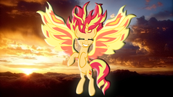 Size: 3840x2160 | Tagged: safe, artist:osipush, edit, sunset shimmer, alicorn, pony, unicorn, g4, my past is not today, 4k, evening, female, fiery shimmer, fiery wings, grin, happy, high res, photo, pun, race swap, shimmercorn, smiling, solo, sun, sunset, sunset phoenix, sunshine shimmer, vector, visual pun, wallpaper, wallpaper edit
