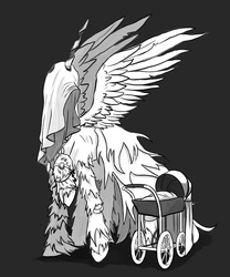 Size: 1640x1972 | Tagged: safe, artist:mistermech, alicorn, pony, baby, bloodborne, carriage, crossover, mergo, mergo's wet nurse, monochrome, ponified