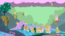 Size: 3552x1942 | Tagged: safe, artist:zvn, g4, the return of harmony, chaos, cloud, cotton candy, cotton candy cloud, discorded landscape, floating island, food, green sky, no pony, ponyville, scenery