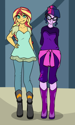 Size: 600x1000 | Tagged: safe, artist:rainbowdrool, sci-twi, sunset shimmer, twilight sparkle, equestria girls, g4, my little pony equestria girls: friendship games, implied lesbian, implied scitwishimmer, implied shipping, implied sunsetsparkle, looking at each other