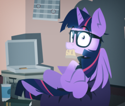 Size: 4096x3449 | Tagged: safe, artist:zvn, twilight sparkle, alicorn, pony, g4, clothes, female, food, glasses, high res, mare, pizza, scarf, solo, twilight sparkle (alicorn)