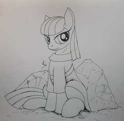 Size: 3281x3216 | Tagged: safe, artist:scribblepwn3, maud pie, earth pony, pony, g4, female, high res, monochrome, pen drawing, sitting, solo, traditional art