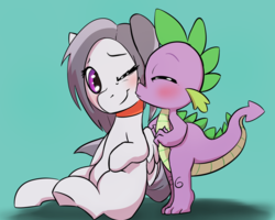 Size: 2000x1597 | Tagged: safe, artist:arkiiwarki, rumble, spike, ask trap-rumble, g4, blushing, cheek kiss, collar, cute, eyes closed, gay, kissing, male, one eye closed, ship:rumblespike, shipping, simple background, sitting, smiling