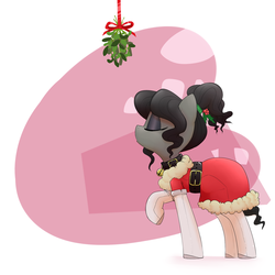 Size: 2000x2000 | Tagged: safe, artist:whydomenhavenipples, oc, oc only, oc:nikita, christmas, clothes, collar, eyes closed, high res, holly, kissing, kissing meme, mistletoe, raised hoof, santa costume, solo, stockings, waiting