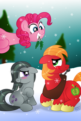 Size: 2000x3000 | Tagged: safe, artist:aleximusprime, big macintosh, marble pie, pinkie pie, earth pony, pony, g4, high res, male, mistletoe, ship:marblemac, shipping, stallion, straight