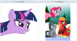 Size: 513x274 | Tagged: safe, big macintosh, marble pie, pinkie pie, twilight sparkle, alicorn, pony, derpibooru, g4, approved, female, juxtaposition, male, meta, ship:marblemac, shipping, straight, twilight sparkle (alicorn)