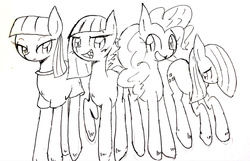 Size: 1280x822 | Tagged: safe, artist:91o42, limestone pie, marble pie, maud pie, pinkie pie, g4, monochrome, pie sisters, sharp teeth, sisters