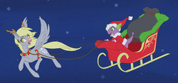 Size: 1280x598 | Tagged: safe, artist:sugarcup, derpy hooves, spike, deer, pegasus, pony, reindeer, g4, christmas, female, hat, mare, rudolph the red nosed reindeer, santa claus, santa hat, sleigh