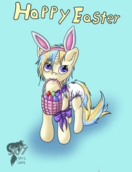 Size: 985x1280 | Tagged: safe, artist:kitsuneskyy, oc, oc only, bow, bunny ears, diaper, easter, easter basket, easter bunny, easter egg, non-baby in diaper, solo
