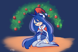 Size: 1200x800 | Tagged: safe, artist:drantyno, princess luna, human, g4, blushing, christmas, clothes, cute, dress, female, hat, horn, horned humanization, humanized, santa hat, shoes, solo, stockings
