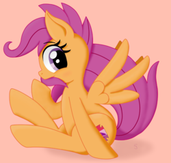 Size: 1031x981 | Tagged: safe, artist:i_luv_scootaloo, scootaloo, pegasus, pony, crusaders of the lost mark, g4, biting, cutie mark, female, filly, looking at you, orange background, simple background, sitting, solo, spread wings, tail bite, the cmc's cutie marks, wings